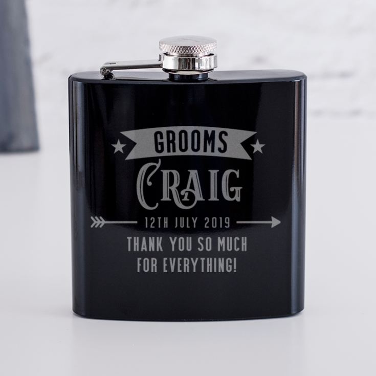 Personalised Groom Shiny Black Hip Flask product image