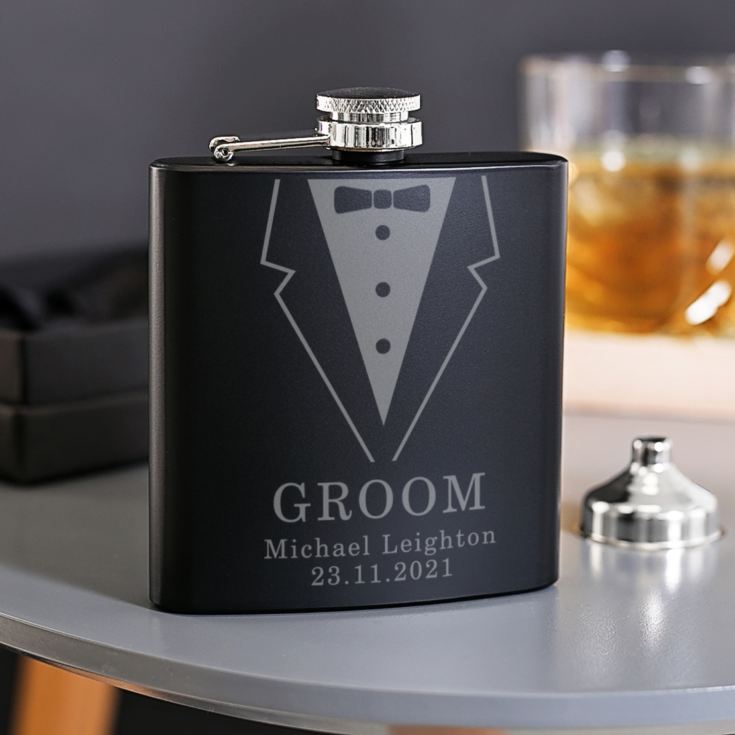 Personalised Groom Black Hip Flask Suit Design product image
