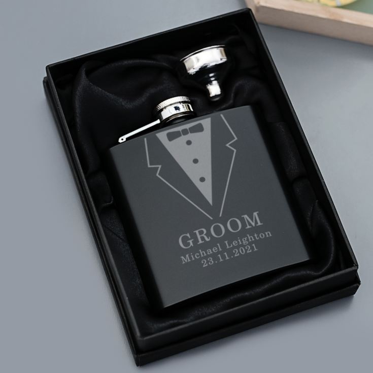 Personalised Groom Black Hip Flask Suit Design product image