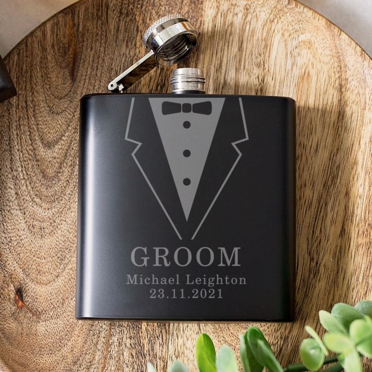 Personalised Groom Black Hip Flask Suit Design product image
