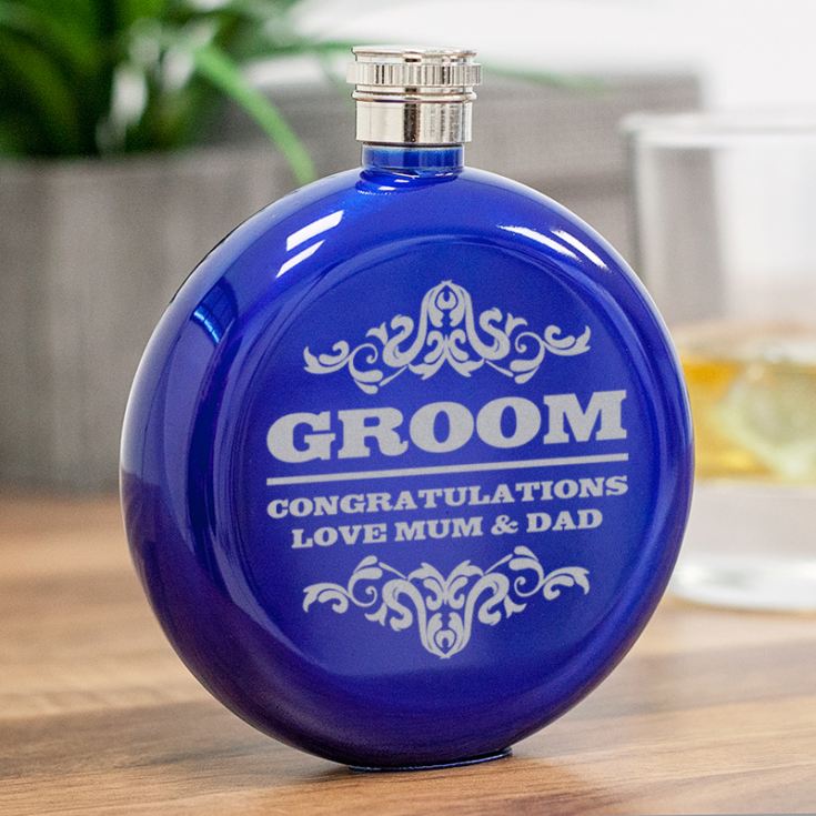 Personalised Groom Round Blue Stainless Steel Hipflask product image