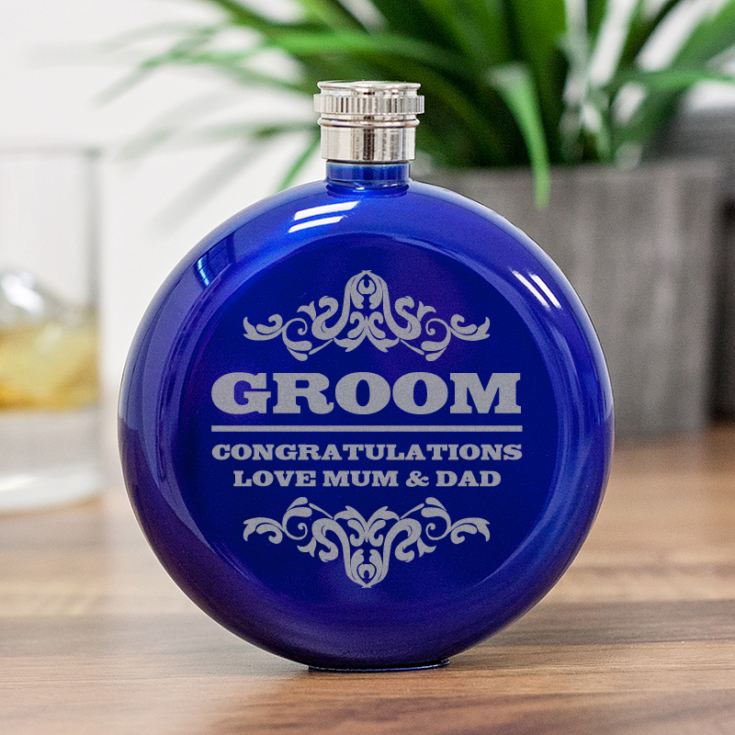 Personalised Groom Round Blue Stainless Steel Hipflask product image