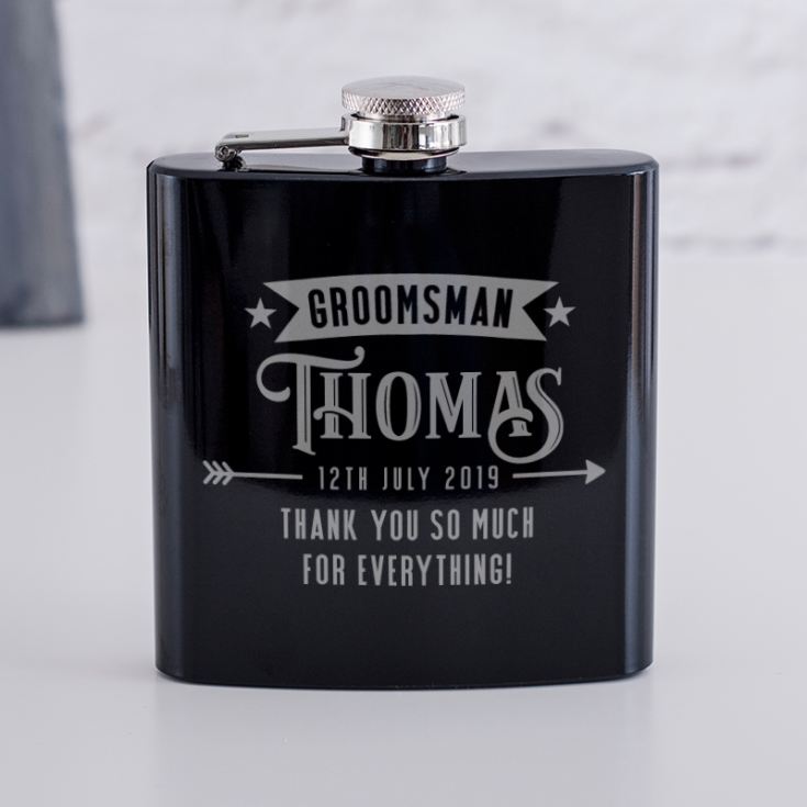 Personalised Groomsman Shiny Black Hip Flask product image