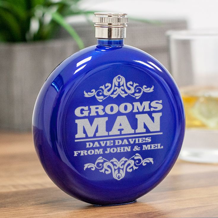 Personalised Groomsman Round Blue Stainless Steel Hipflask product image