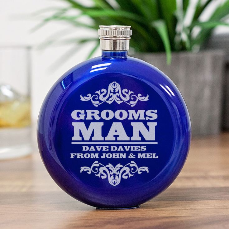 Personalised Groomsman Round Blue Stainless Steel Hipflask product image