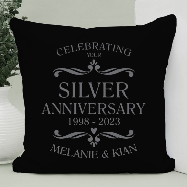Personalised Silver Wedding Anniversary Black Cushion product image