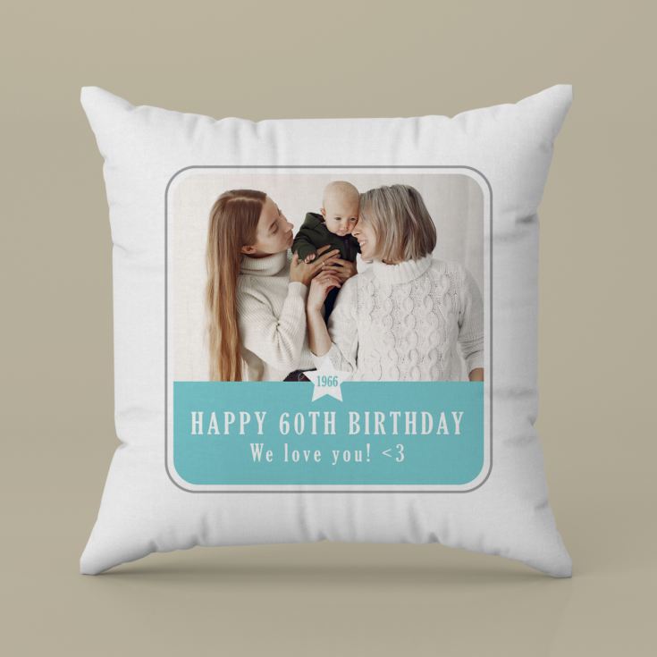 Personalised  60th Birthday Blue Photo Upload Cushion product image