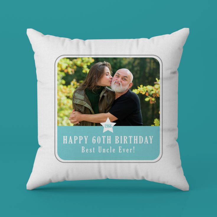 Personalised  60th Birthday Blue Photo Upload Cushion product image