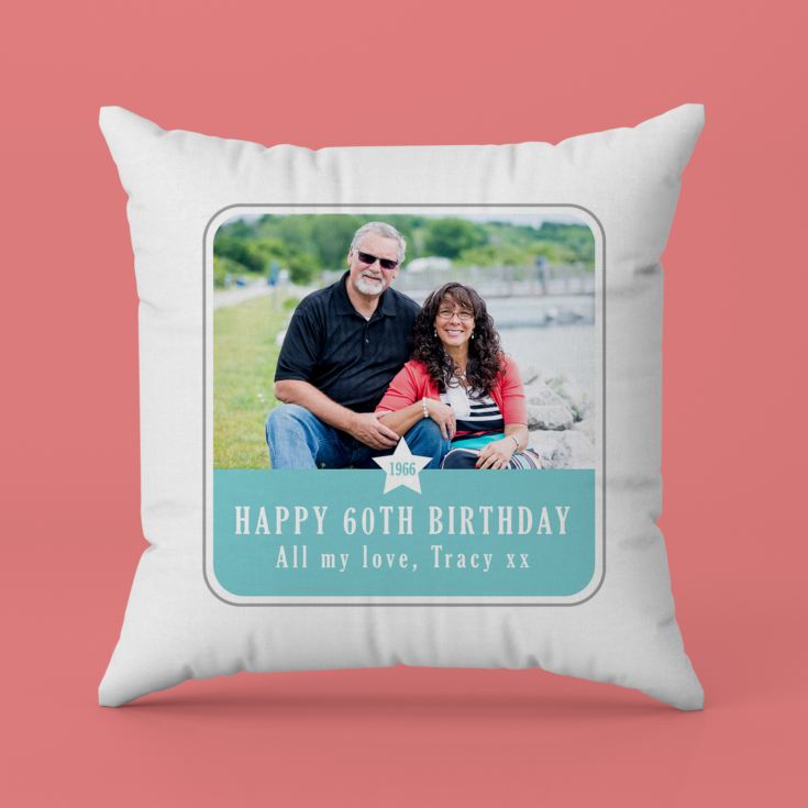 Personalised  60th Birthday Blue Photo Upload Cushion product image