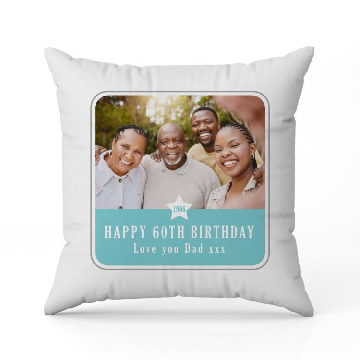Personalised  60th Birthday Blue Photo Upload Cushion product image