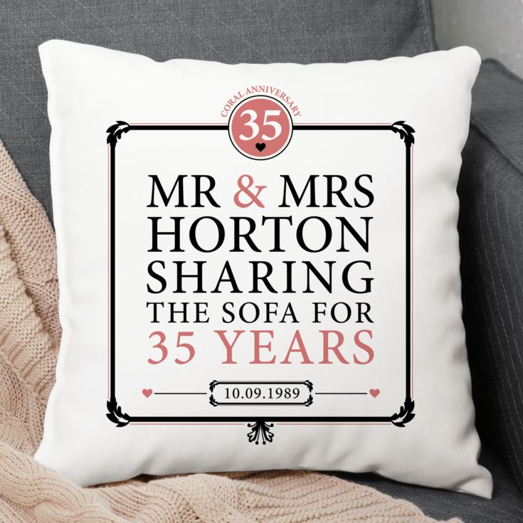 Personalised 35th (Coral) Anniversary Sharing the Sofa Cushion product image