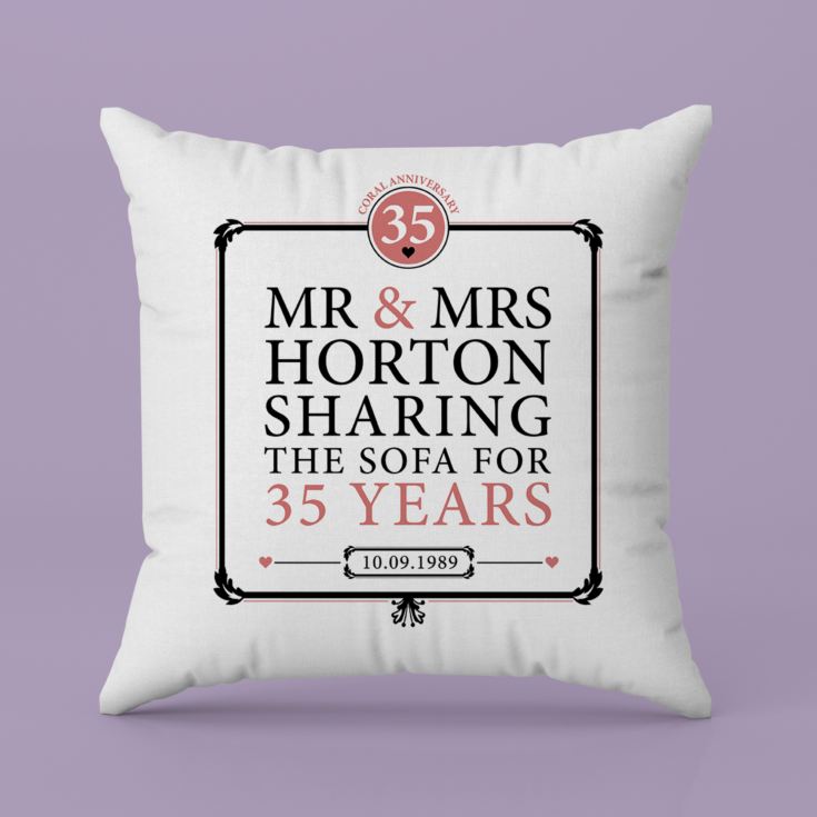Personalised 35th (Coral) Anniversary Sharing the Sofa Cushion product image