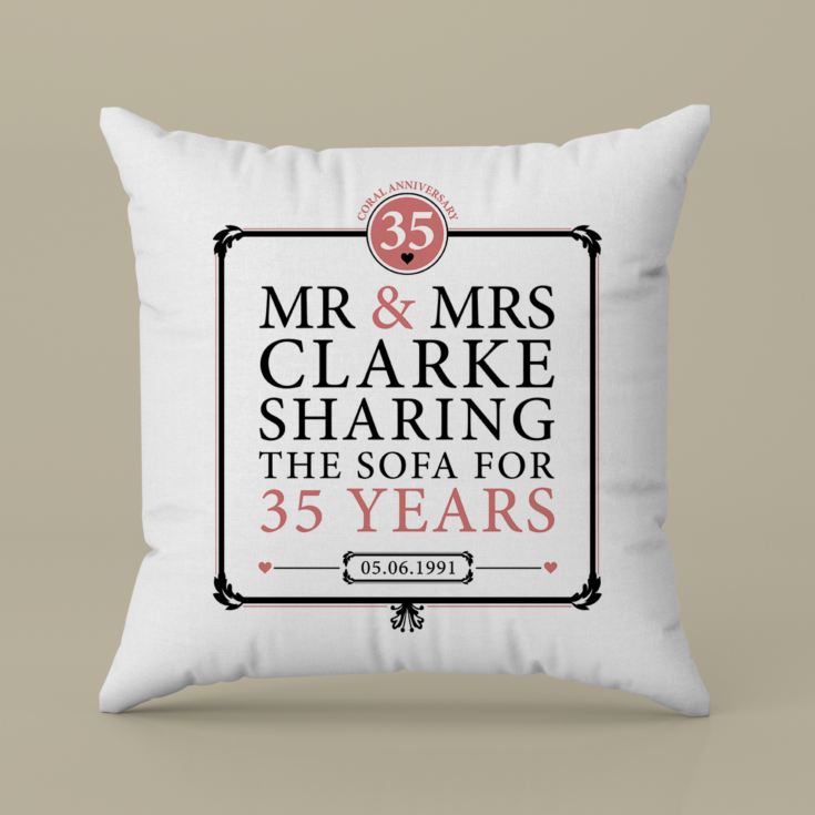 Personalised 35th (Coral) Anniversary Sharing the Sofa Cushion product image