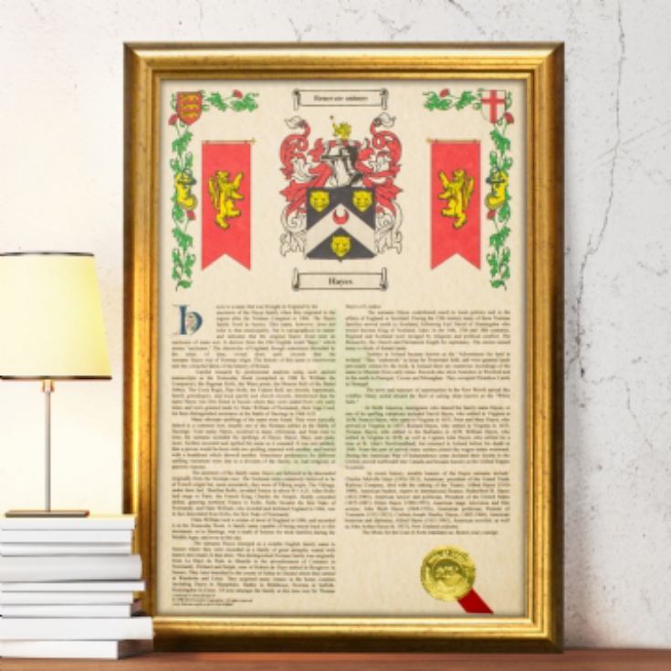 Personalised Coat of Arms and Surname History Print - Gold Framed product image
