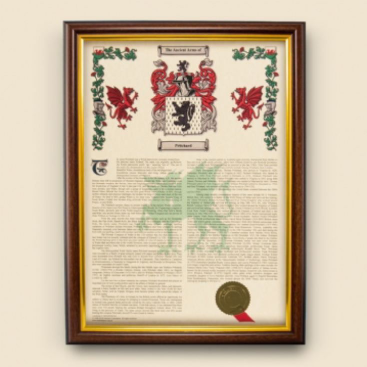 Personalised Coat of Arms and Surname History Print - Brown & Gold Framed product image