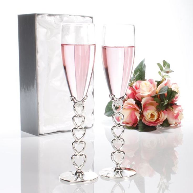 Pair of Engraved Silver Heart Stem Champagne Glasses product image