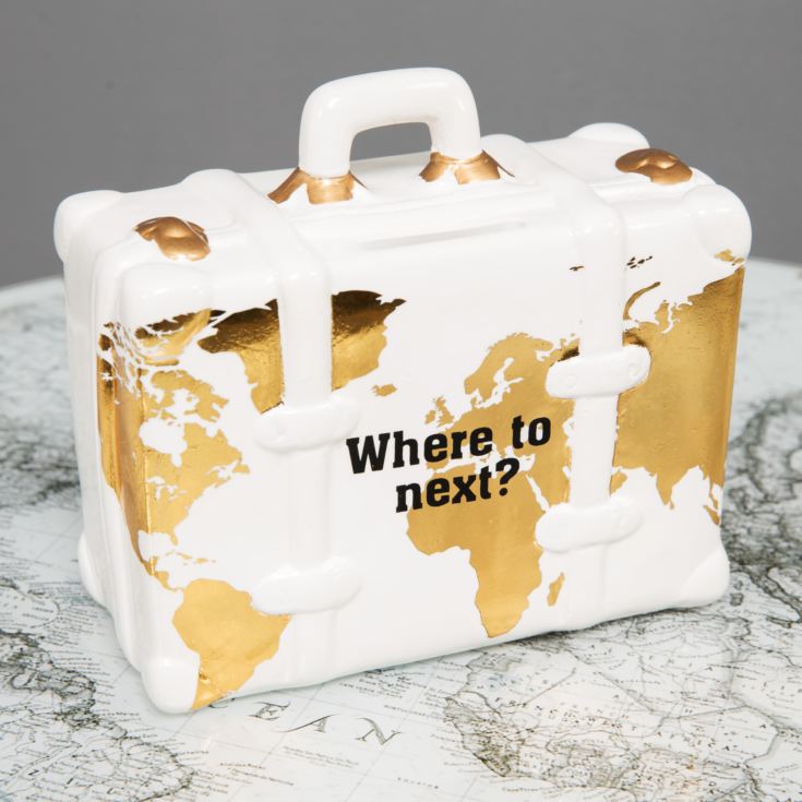 White Ceramic World Map Suitcase Money Box The Gift Experience