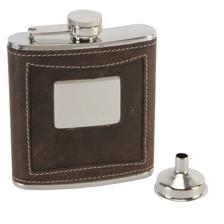 Harvey Makin 6oz Hipflask + Funnel Brown Leather Engrave Plq product image