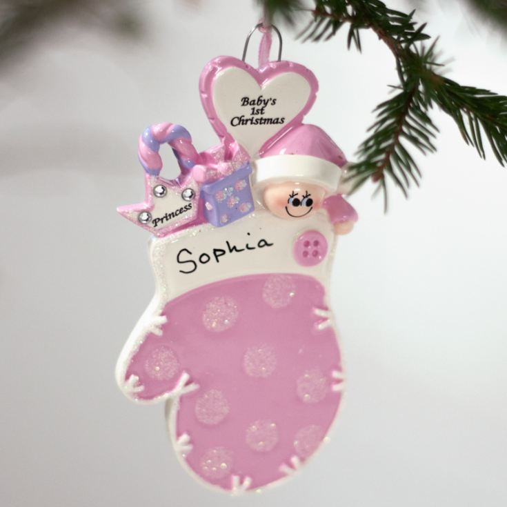 Personalised Baby's 1st Christmas Mitten Pink Hanging Ornament product image