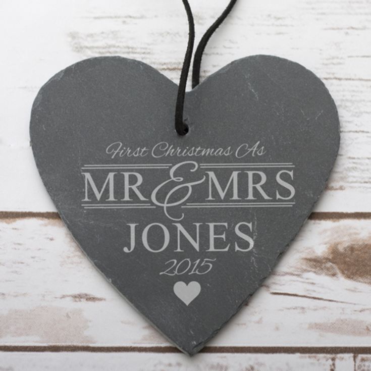 Personalised Mr and Mrs First Christmas Slate Hanging Heart product image