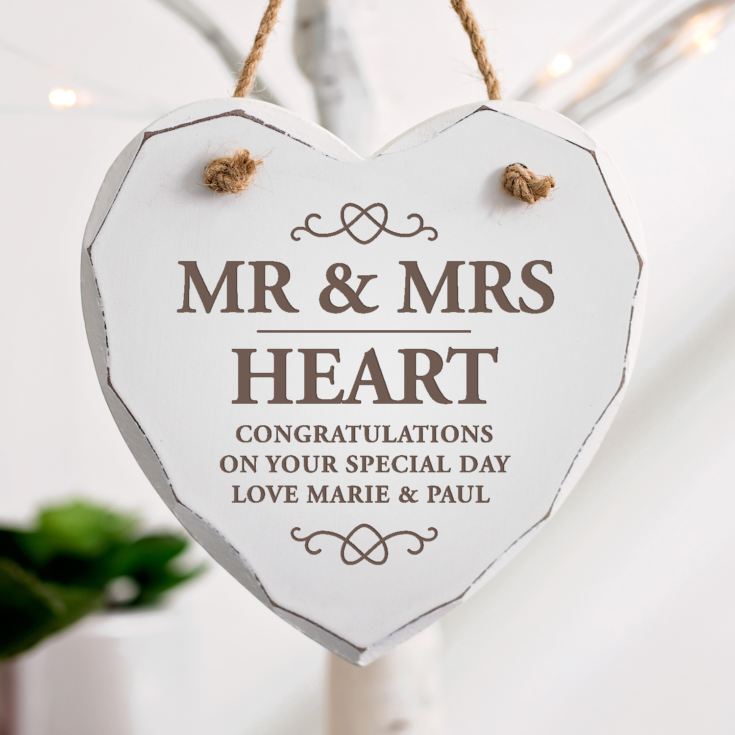 Personalised Mr & Mrs White Wooden Hanging Heart product image