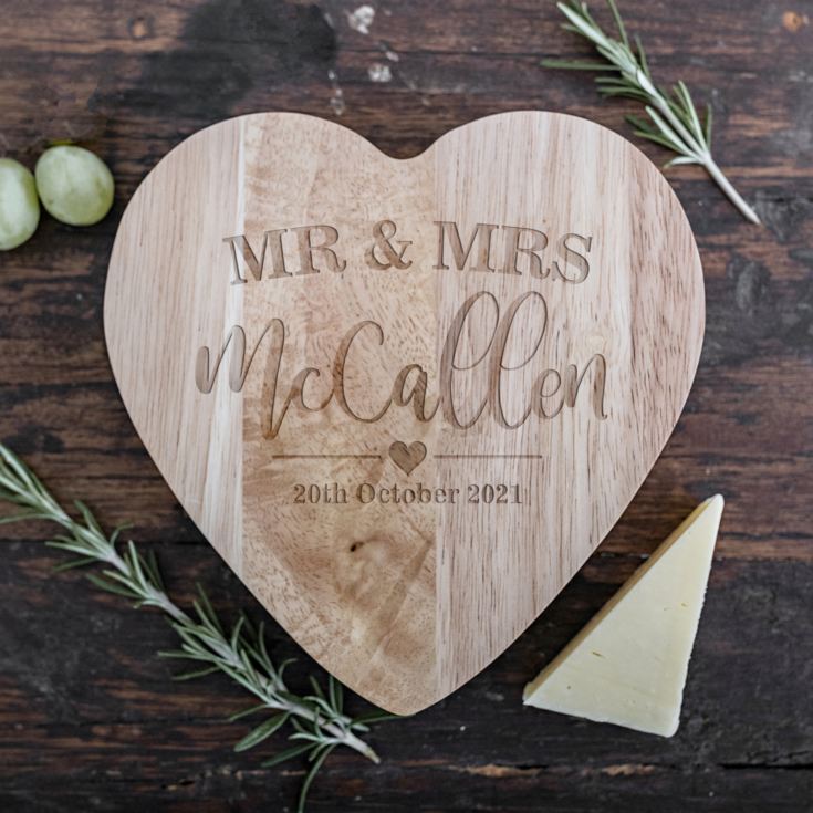 Personalised Mr & Mrs Heart Cheese Board and Tool Set product image