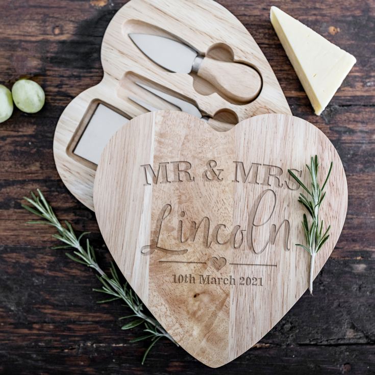 Personalised Mr & Mrs Heart Cheese Board and Tool Set product image