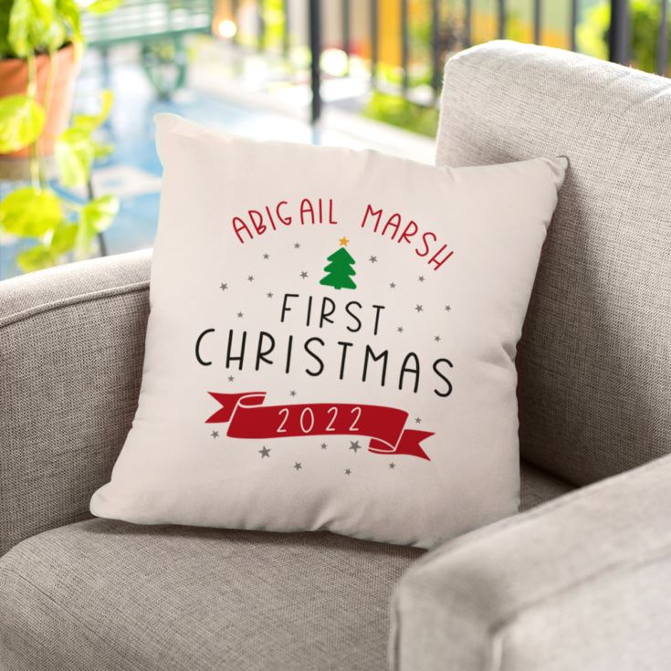 Personalised First Christmas Luxury Beige Cushion The Gift Experience