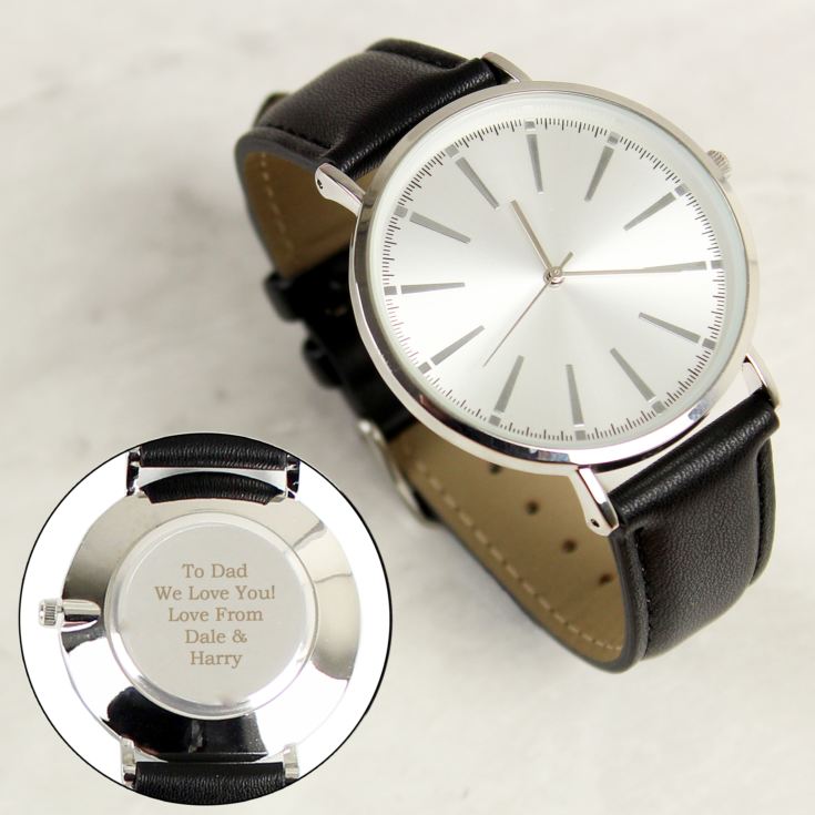 Personalised Silver with Black Leather Strap Watch product image