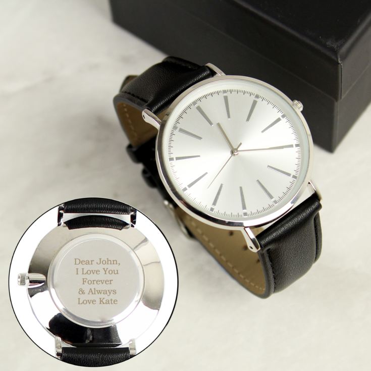 Personalised Silver with Black Leather Strap Watch product image