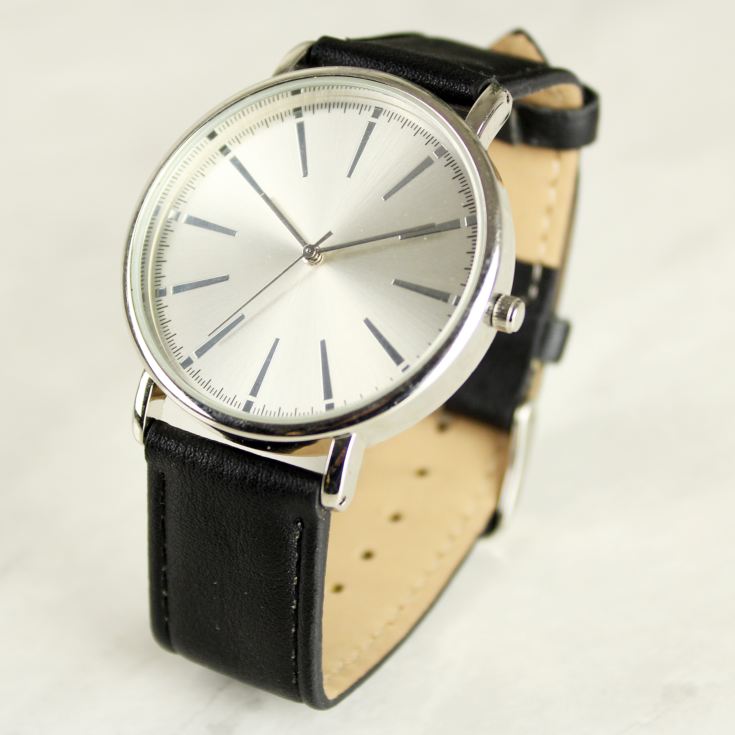 Personalised Silver with Black Leather Strap Watch product image