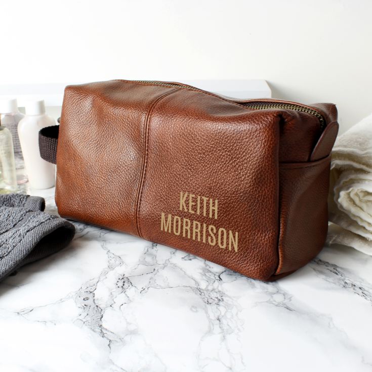 Personalised Luxury Brown Leatherette Wash Bag product image