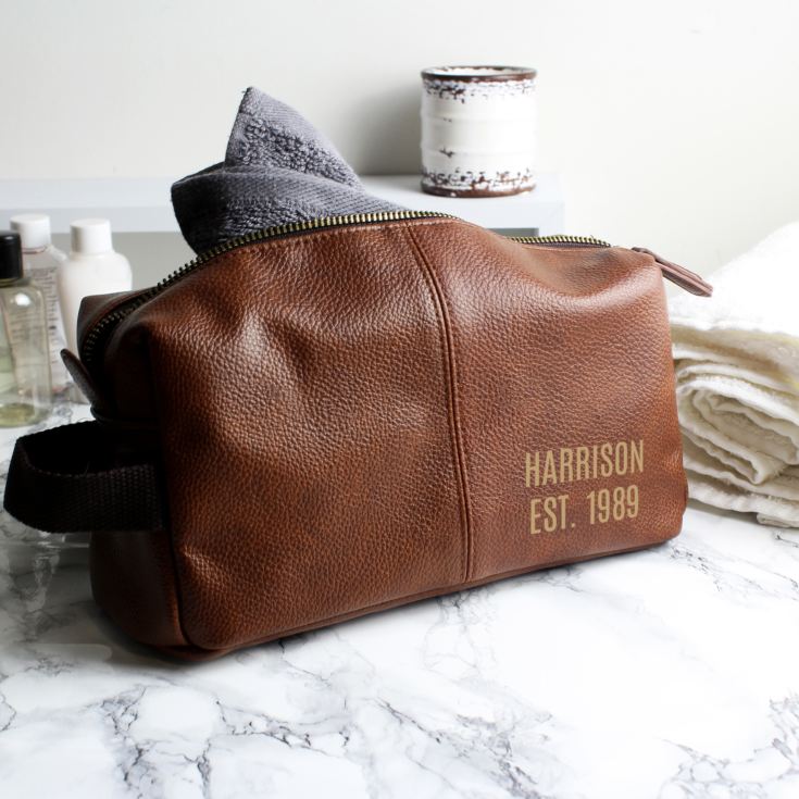 Personalised Luxury Brown Leatherette Wash Bag product image