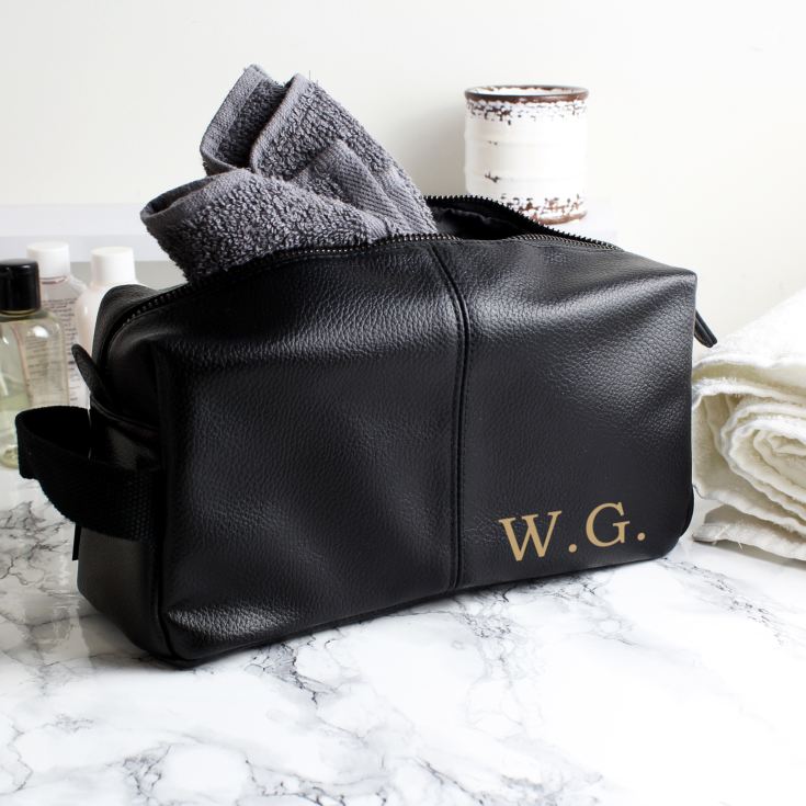 Personalised Luxury Initials Black leatherette Wash Bag product image