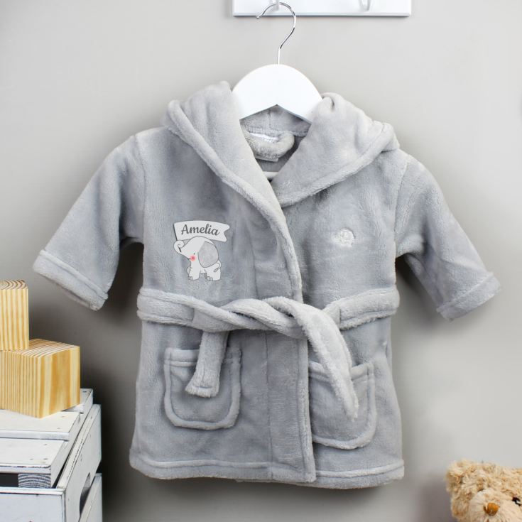 Personalised Elephant 0-6 Months Grey Hooded Baby Dressing Gown product image