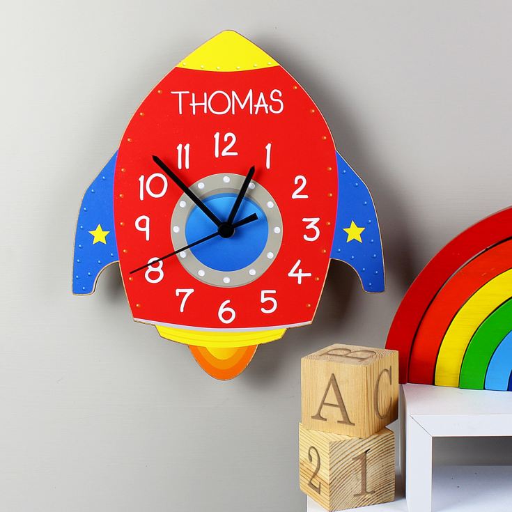 Personalised Space Rocket Shape Wooden Clock product image