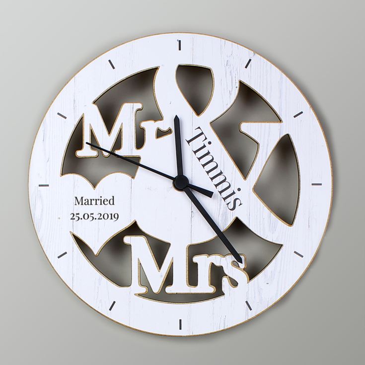 Personalised Mr & Mrs Shape Wooden Clock product image