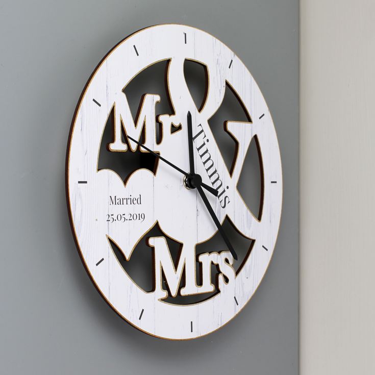Personalised Mr & Mrs Shape Wooden Clock product image