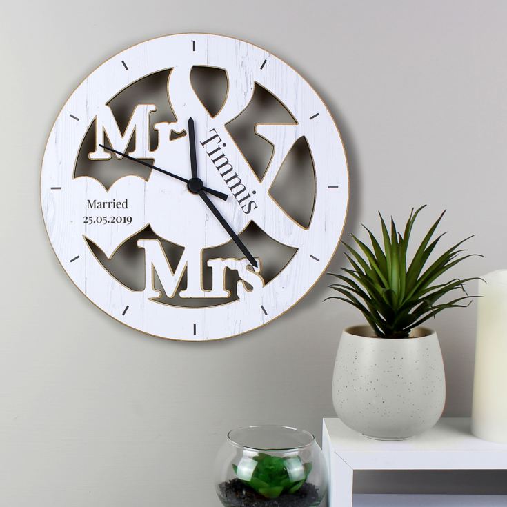 Personalised Mr & Mrs Shape Wooden Clock product image