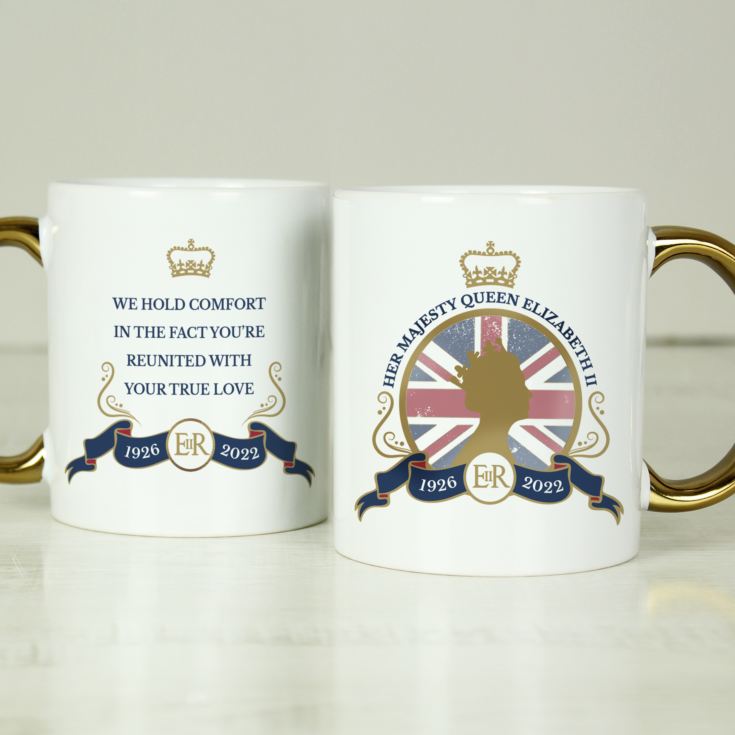 Personalised Queens Commemorative Union Jack Gold Handle Mug product image