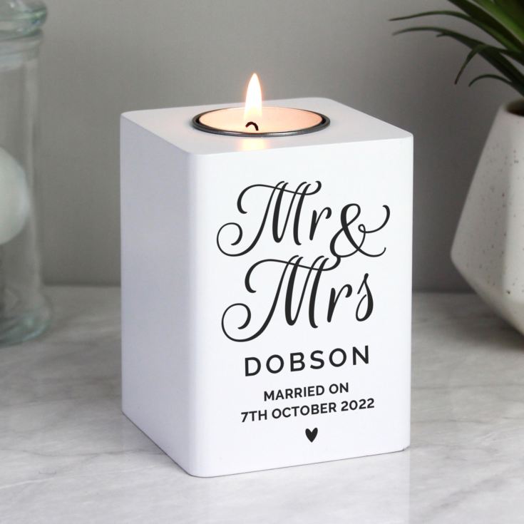 Personalised Mr & Mrs White Wooden Tea light Holder product image