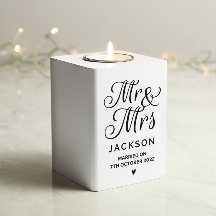 Personalised Mr & Mrs White Wooden Tea light Holder product image
