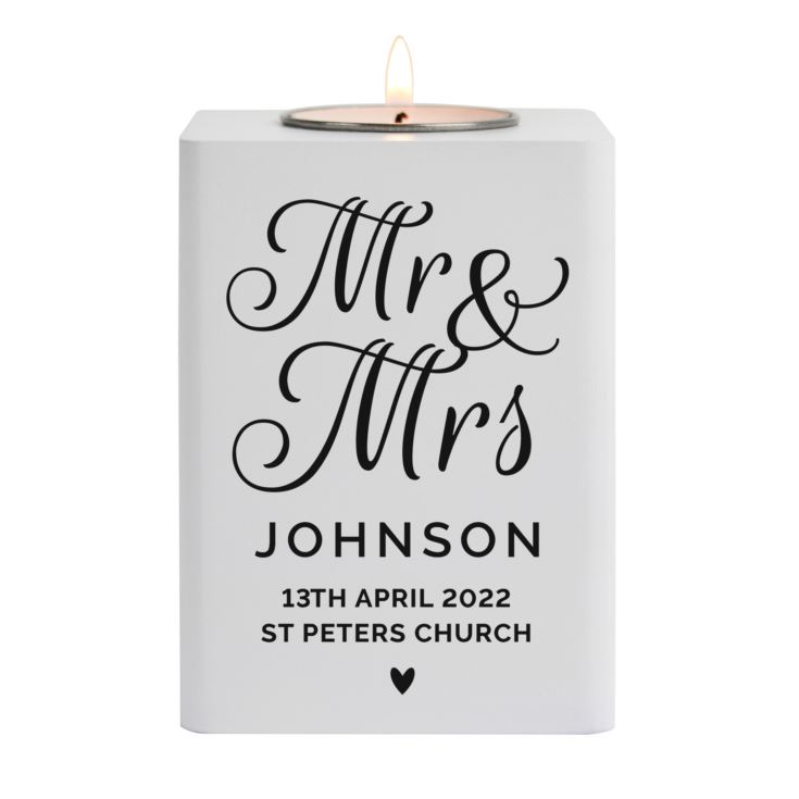 Personalised Mr & Mrs White Wooden Tea light Holder product image