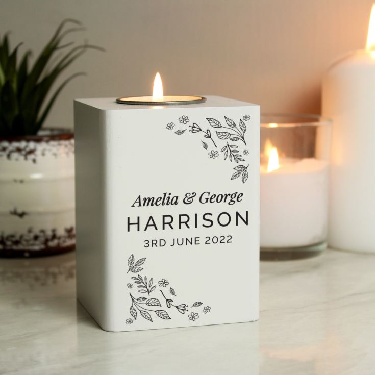 Personalised Floral Leaf White Wooden Tea Light Holder product image