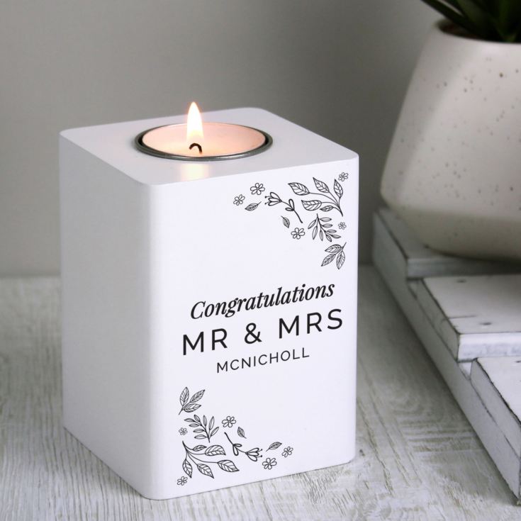 Personalised Floral Leaf White Wooden Tea Light Holder product image