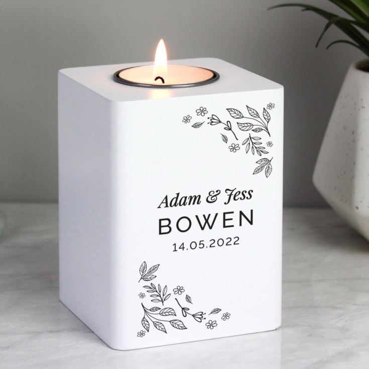 Personalised Floral Leaf White Wooden Tea Light Holder product image