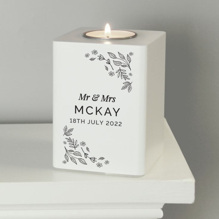 Personalised Floral Leaf White Wooden Tea Light Holder product image