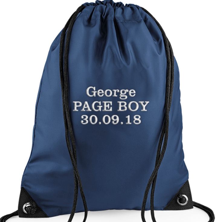 Personalised Embroidered Navy Blue Page Boy Drawstring Bag product image