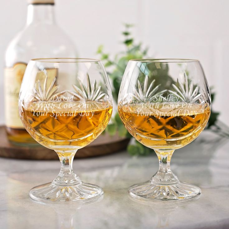 Engraved Pair Of Cut Crystal Brandy Glasses