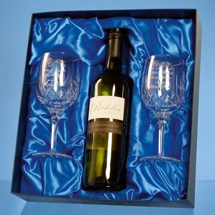 Personalised Engraved Crystal Wine Glasses With A Bottle Of White Wine product image